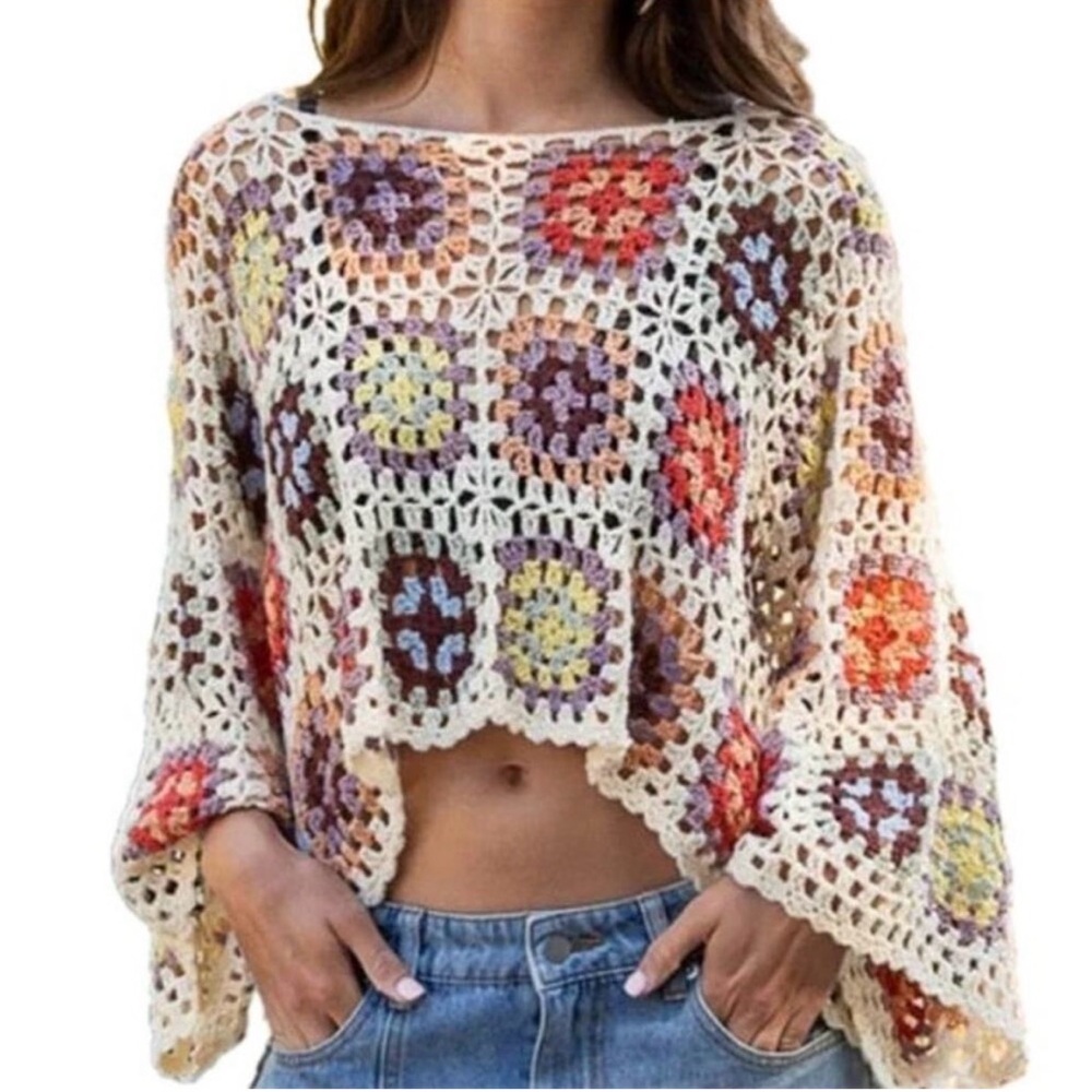 POL Bohemian crocheted Patchwork Granny Square Hippie Oversized Hooded Sweater